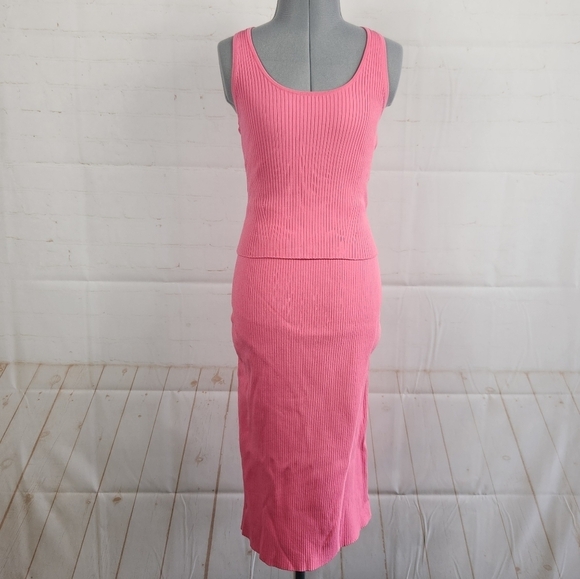 Jonathan Simkhai Fitted Ribbed Faux Wrap Skirt & Crop Tank Set Camellia Pink XS - Picture 2 of 16